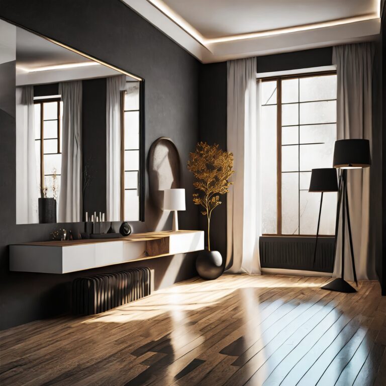 Firefly Modern nordic design stylish interior with tranding floor, in black, white, Mirrors and Wood(1)
